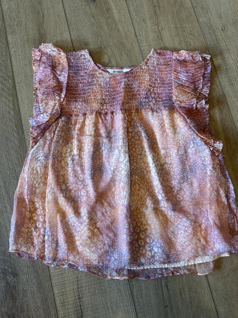 BB Dakota Girls Pink Marble-Print Ruffle Sleeve Top